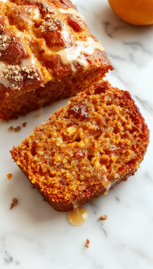 A slice of moist pumpkin bread topped with golden streusel and drizzled with bright orange glaze, served on a white plate with a citrus peel garnish, vibrant orange hues contrasted with the golden topping and a textured crumbly surface