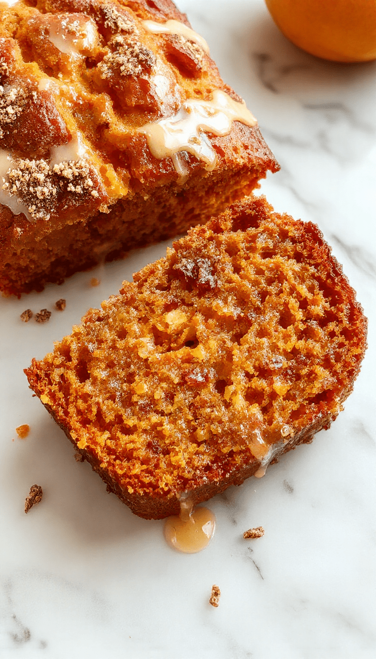 A slice of moist pumpkin bread topped with golden streusel and drizzled with bright orange glaze, served on a white plate with a citrus peel garnish, vibrant orange hues contrasted with the golden topping and a textured crumbly surface