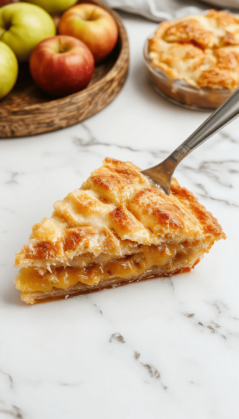 A visually stunning apple pie featuring a golden flaky crust, filled with tender caramelized apple slices and topped with a light dusting of powdered sugar, beautifully presented on a rustic wooden table with a hint of cinnamon sticks and fresh apples in the background.
