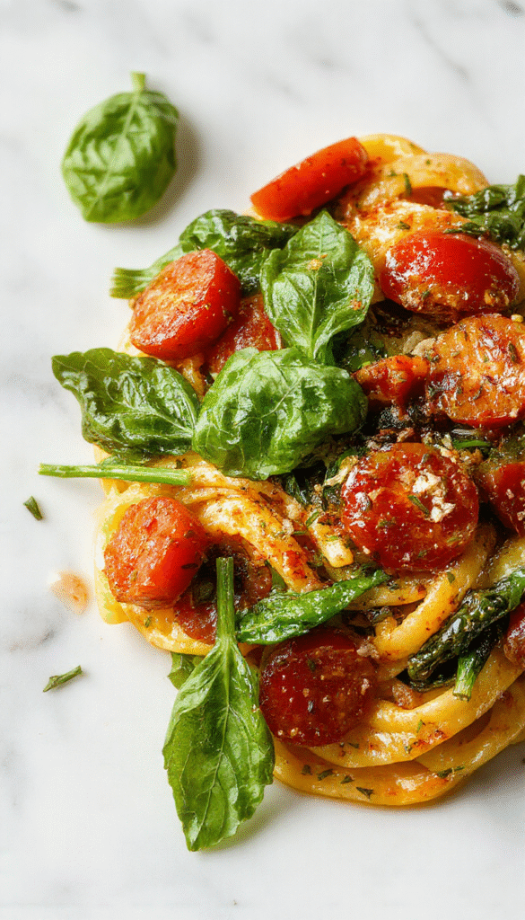 A vibrant plate of spinach tomato pasta featuring bright green spinach leaves and juicy red cherry tomatoes coated in a savory sauce, elegantly plated with a sprinkle of grated cheese and fresh basil, all set on a rustic wooden table with natural lighting highlighting the textures and colors.