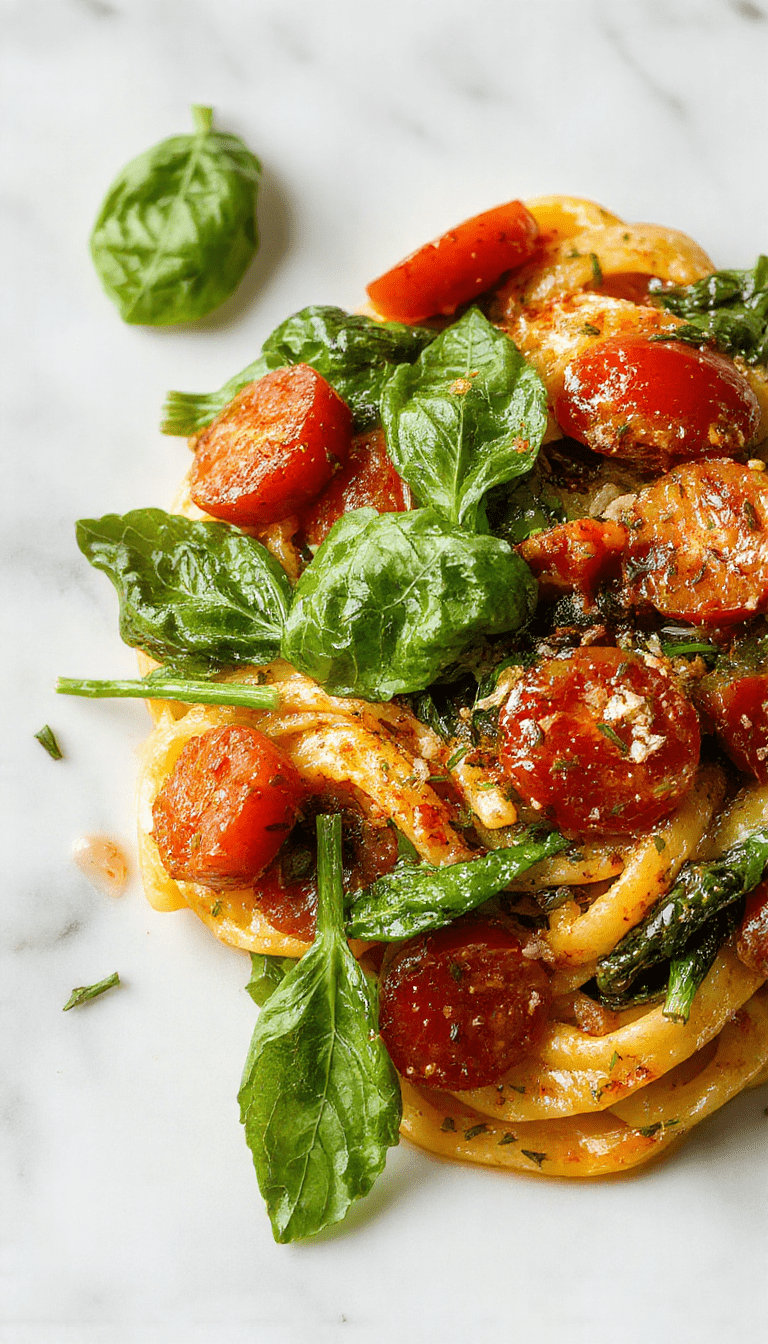 A vibrant plate of spinach tomato pasta featuring bright green spinach leaves and juicy red cherry tomatoes coated in a savory sauce, elegantly plated with a sprinkle of grated cheese and fresh basil, all set on a rustic wooden table with natural lighting highlighting the textures and colors.