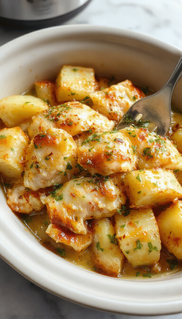 A rustic white plate showcasing tender shredded chicken and crispy roasted potatoes topped with freshly chopped parsley, drizzled with garlic parmesan sauce, with a sprinkle of grated cheese, garnished with lemon wedges, on a wooden table with a soft-focus background