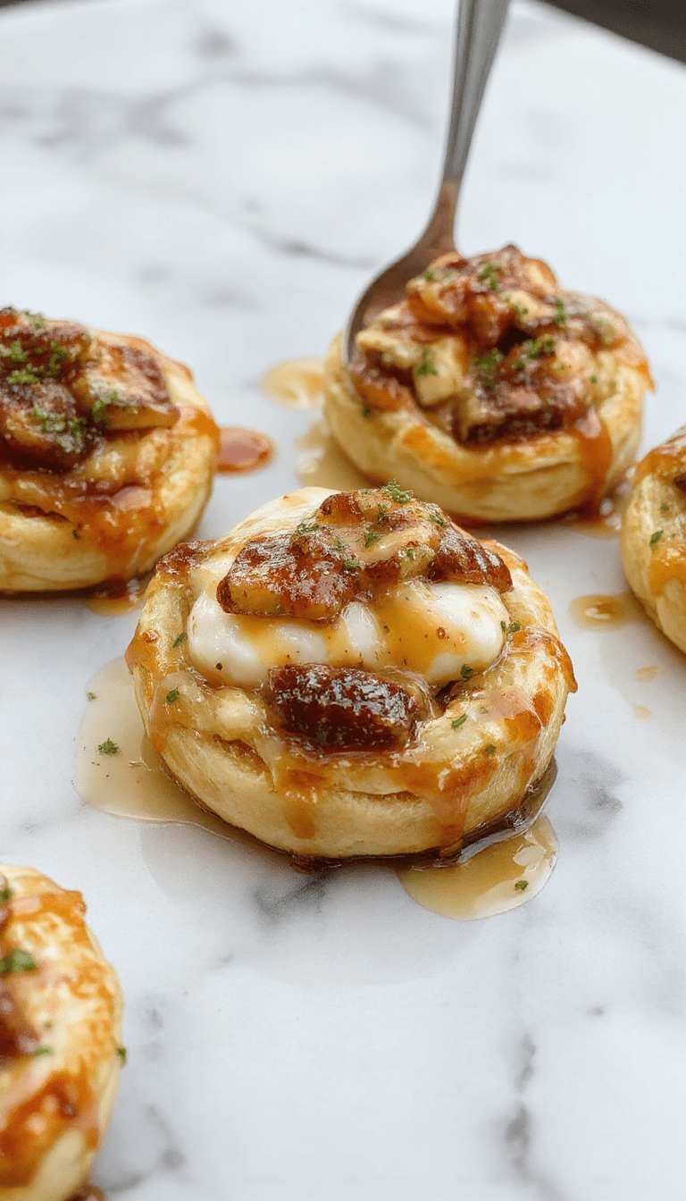 A golden-brown baked brie nestled in flaky puff pastry, topped with drizzles of honey and vibrant sliced figs, garnished with fresh herbs on a rustic wooden platter