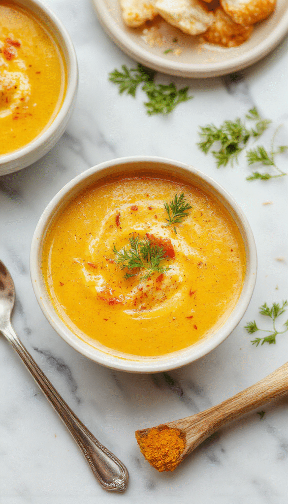 A vibrant bowl of golden turmeric chicken soup garnished with fresh herbs and lemon slices, served with a rustic spoon on a wooden table, showcasing tender chicken, bright yellow broth, and colorful vegetables, styled for a cozy and inviting atmosphere.