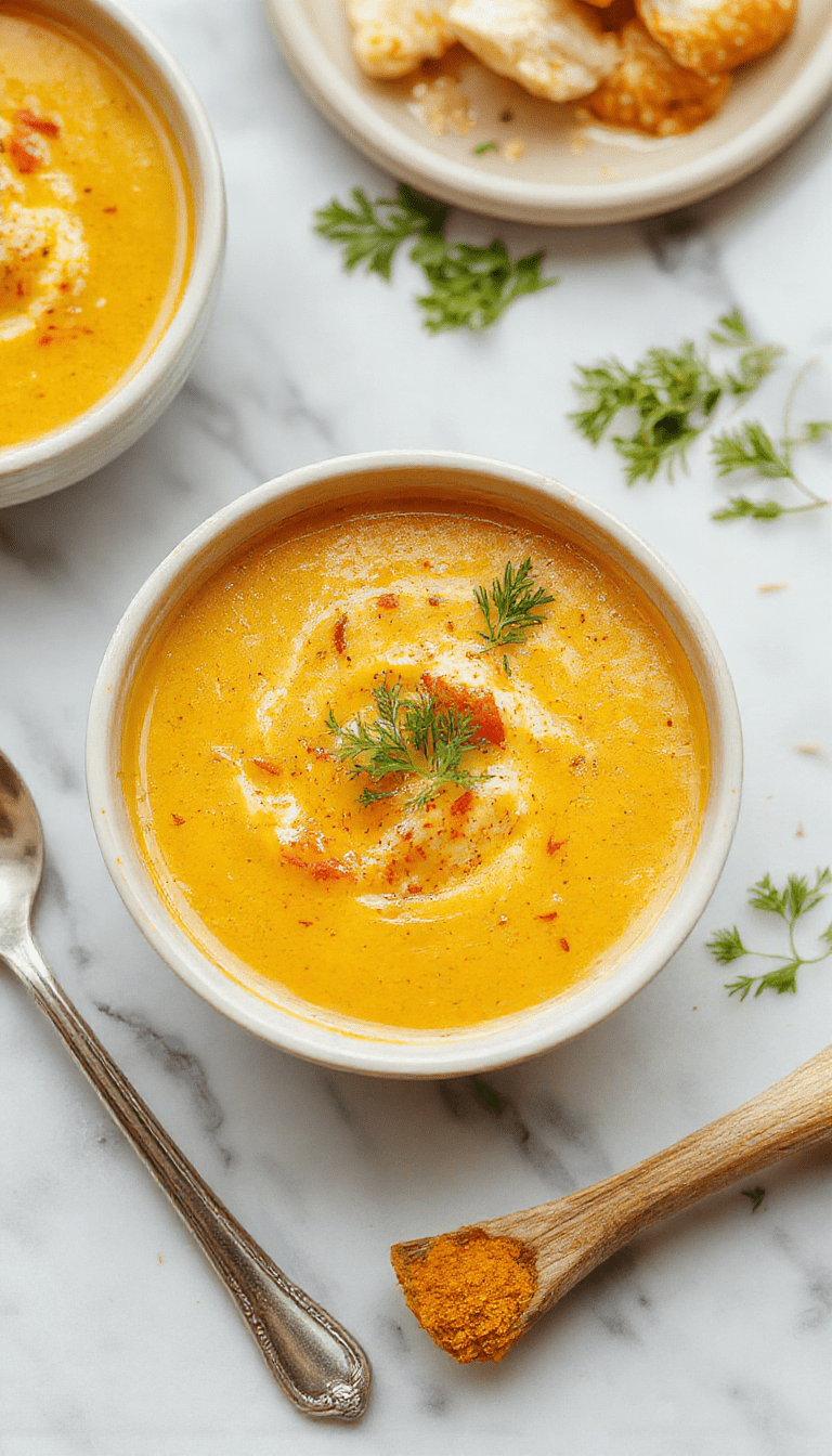 A vibrant bowl of golden turmeric chicken soup garnished with fresh herbs and lemon slices, served with a rustic spoon on a wooden table, showcasing tender chicken, bright yellow broth, and colorful vegetables, styled for a cozy and inviting atmosphere.