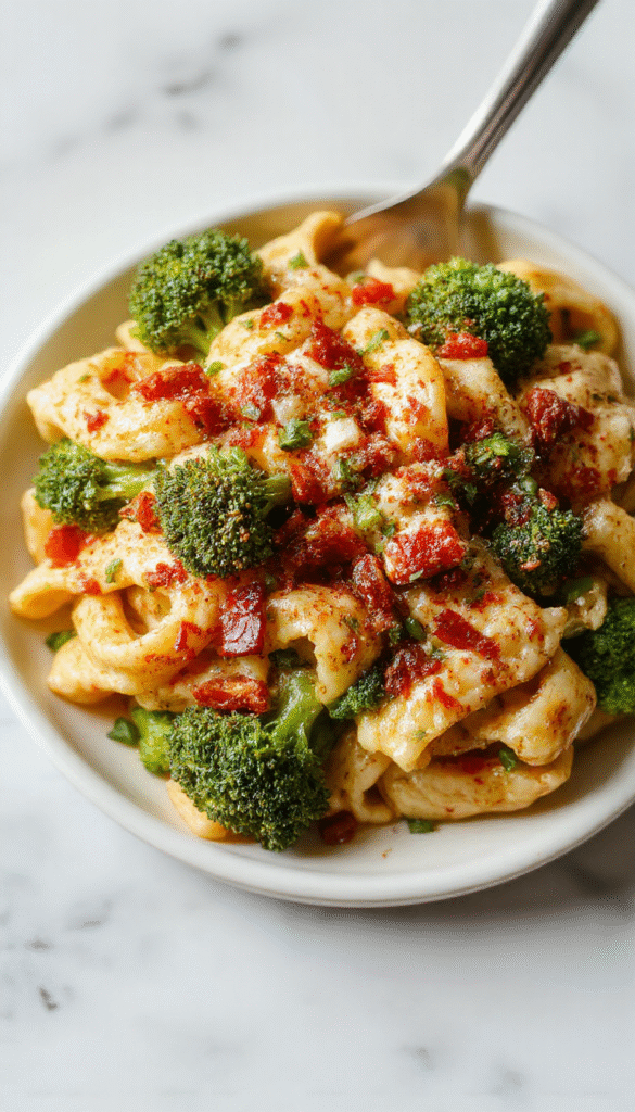 A vibrant plate of healthy broccoli pasta featuring bright green broccoli florets and golden-tinted pasta, garnished with grated cheese and fresh herbs, served on a rustic white plate with a sprinkling of black pepper, set against a backdrop of fresh ingredients and a wooden table.