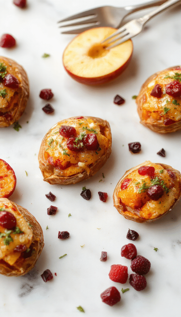 Vibrant orange sweet potatoes halved and topped with glistening cranberries and diced apples. The dish is plated on a rustic wooden surface, garnished with fresh mint. The textures range from tender baked sweet potatoes to juicy cranberries and crisp apples, creating a colorful and inviting presentation.