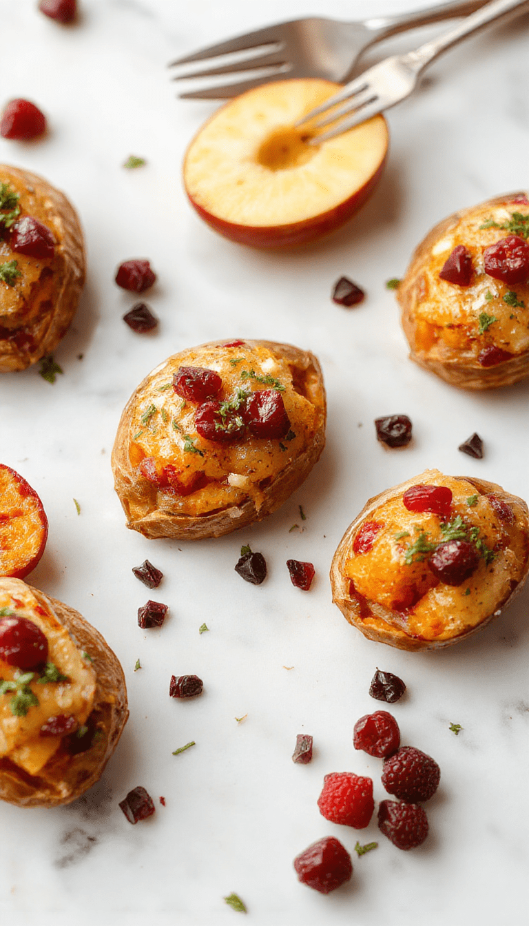 Vibrant orange sweet potatoes halved and topped with glistening cranberries and diced apples. The dish is plated on a rustic wooden surface, garnished with fresh mint. The textures range from tender baked sweet potatoes to juicy cranberries and crisp apples, creating a colorful and inviting presentation.