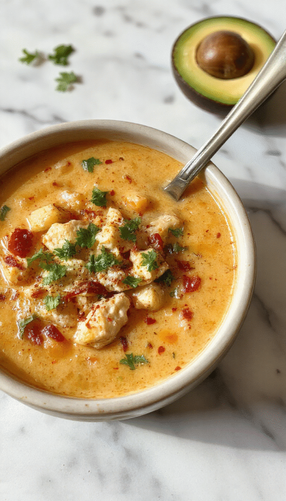 A vibrant bowl of low carb chicken tortilla soup featuring shredded chicken, cherry tomatoes, sliced jalapenos, and melted cheese on top, garnished with fresh cilantro. The soup's rich broth is presented in a rustic white bowl on a wooden surface, with colorful ingredients and a spoon nearby, showcasing a comforting and hearty Mexican-inspired dish with a modern healthy twist.