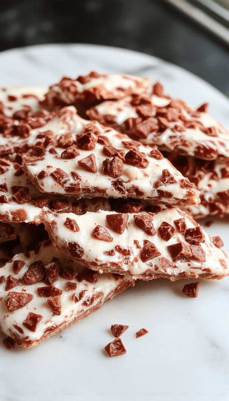 Colorful protein yogurt bark arranged on a white plate with swirls of vibrant berry and chocolate toppings, showcasing a textured surface with a mix of creamy white yogurt and bright toppings over a rustic wooden table.