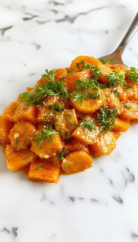 A vibrant plated dish featuring smashed carrots with a bright orange hue, garnished with fresh herbs and a drizzle of olive oil. The carrots are rustic and slightly caramelized, served on a white ceramic plate with a textured wooden table background, styled with minimalistic elegance to highlight their natural color and texture.