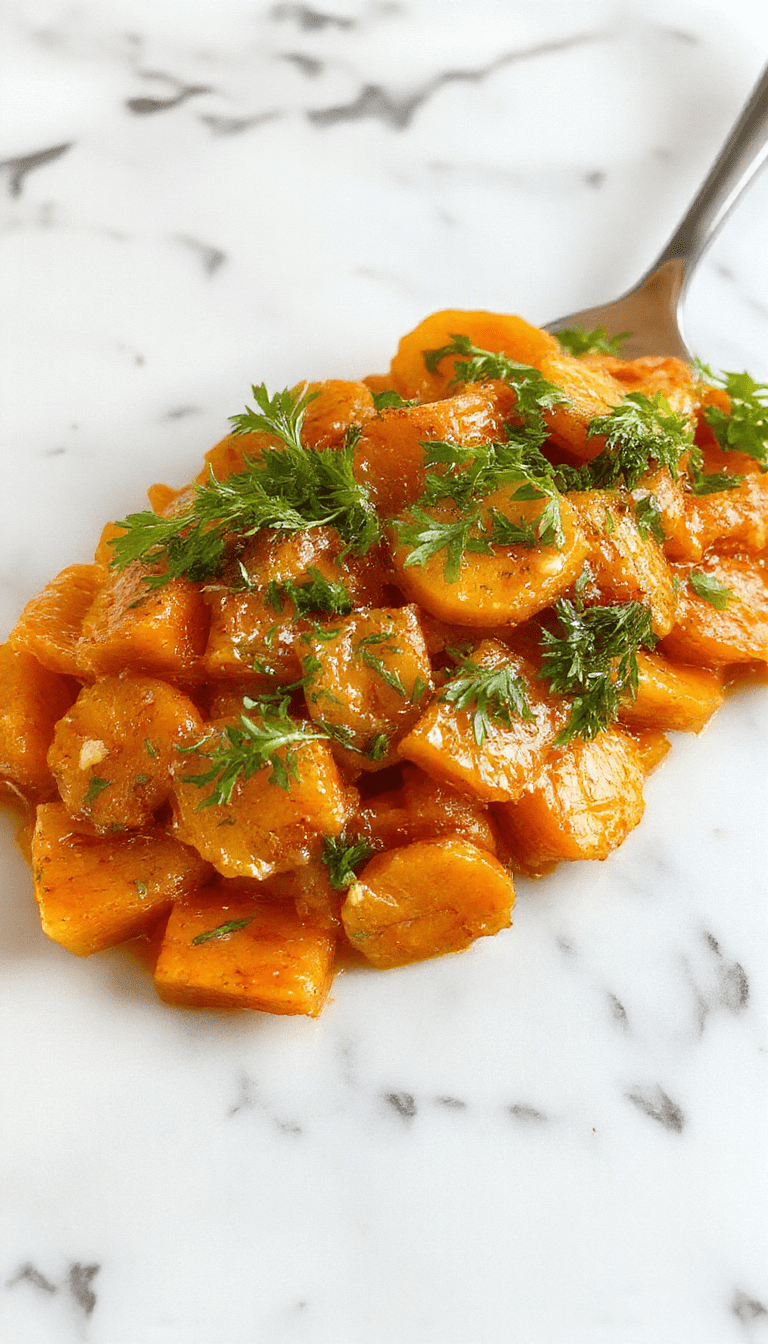 A vibrant plated dish featuring smashed carrots with a bright orange hue, garnished with fresh herbs and a drizzle of olive oil. The carrots are rustic and slightly caramelized, served on a white ceramic plate with a textured wooden table background, styled with minimalistic elegance to highlight their natural color and texture.