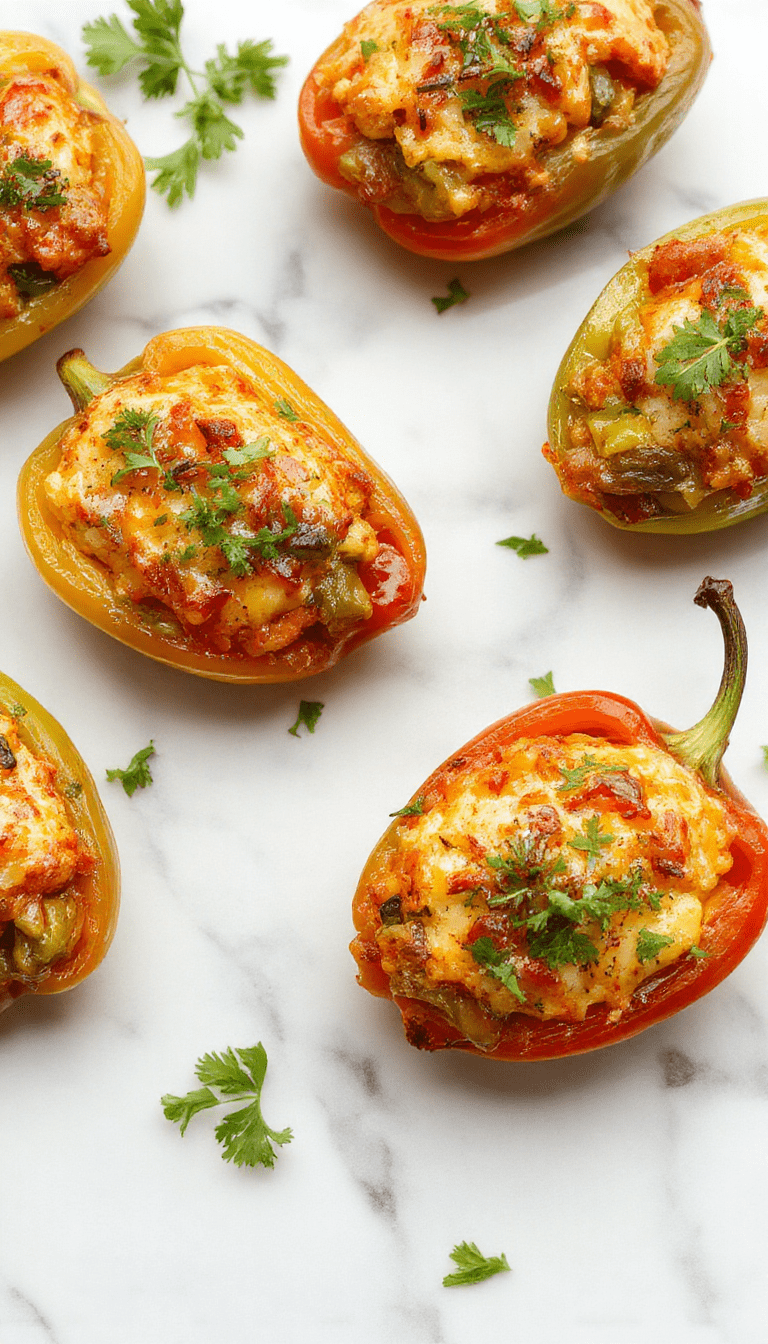 Colorful stuffed bell peppers arranged on a white plate, filled with vibrant chopped vegetables and topped with melted cheese, showcasing a glossy shine with a fresh green garnish.