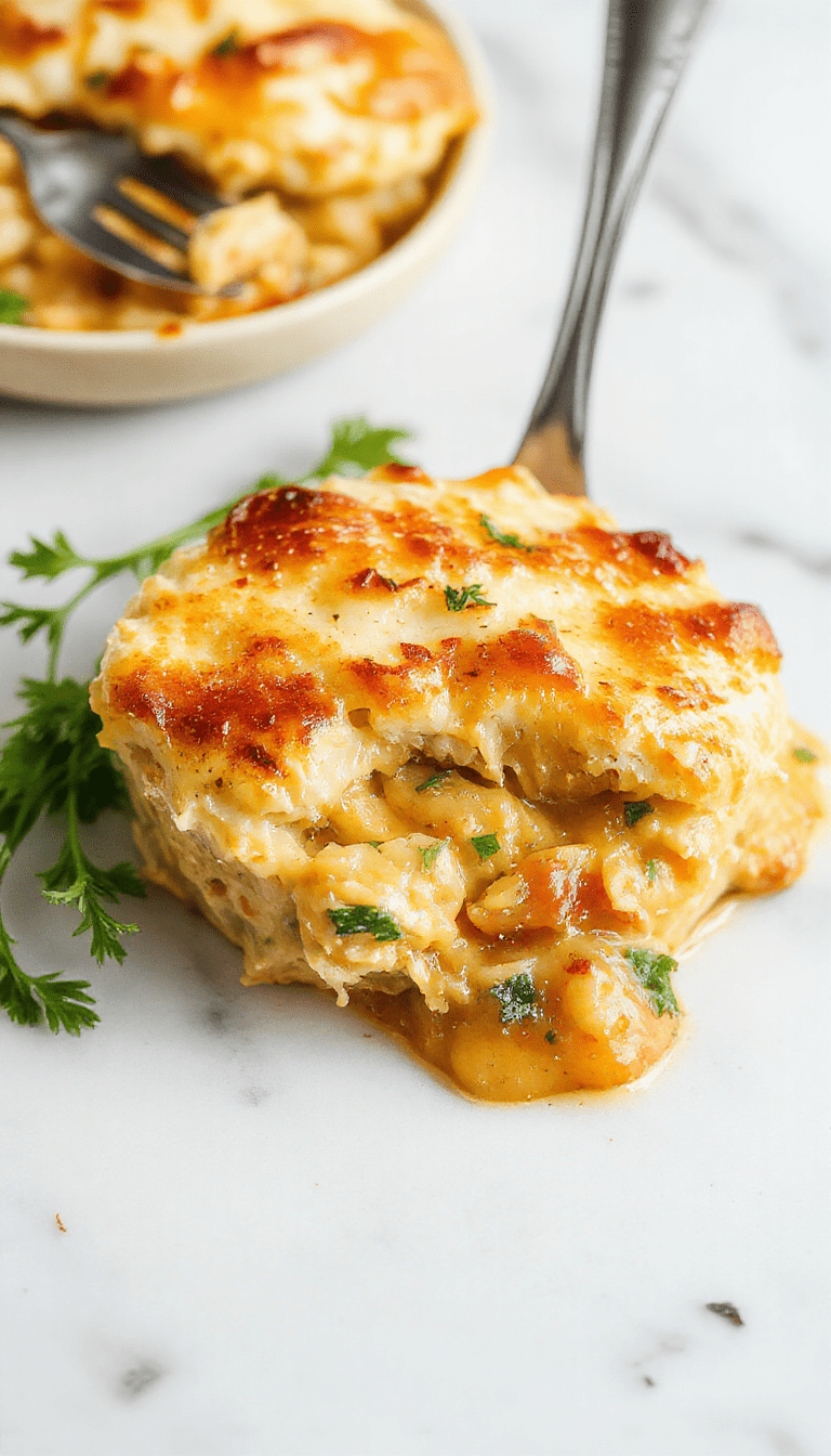 A golden-brown chicken pot pie casserole topped with a flaky crust, sliced to reveal creamy chicken filling with peas, carrots, and potatoes, served on a rustic wooden table with fresh herbs and side vegetables.