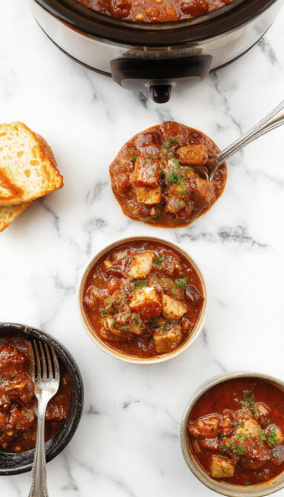 A steaming bowl of American Goulash with ground beef, tomato sauce, and macaroni pasta, topped with shredded cheese and fresh parsley, served in a rustic ceramic bowl on a wooden surface