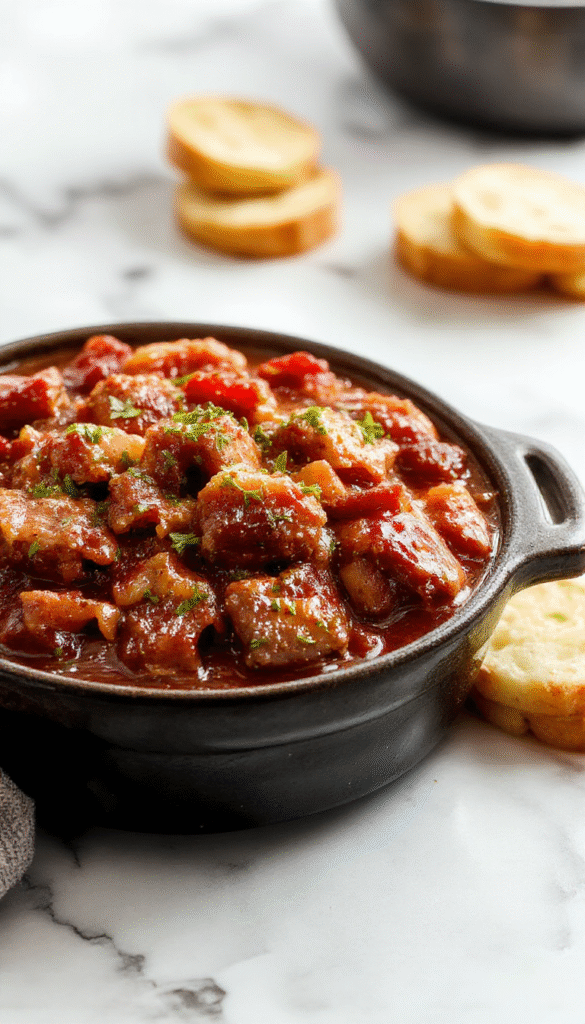 A rustic bowl of American Goulash featuring seasoned ground beef, tender pasta, and vibrant tomato sauce garnished with fresh herbs, served on a wooden table with a spoon, steam rising, and a warm, inviting atmosphere.