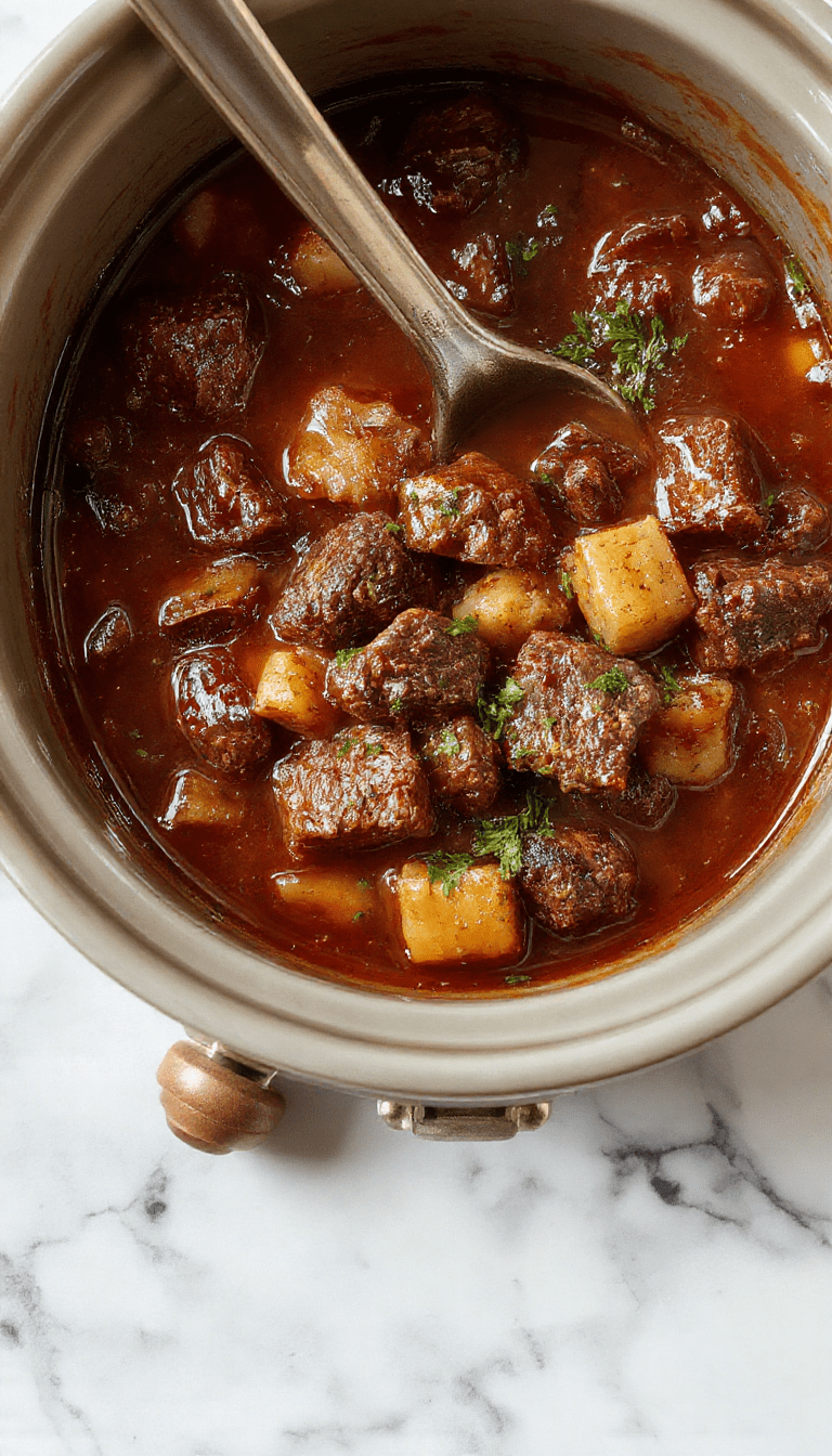 A rustic bowl of hearty beef stew garnished with fresh herbs, served on a wooden table with steaming, tender beef chunks surrounded by carrots, potatoes, and celery, showcasing rich gravy and a warm, inviting color palette.