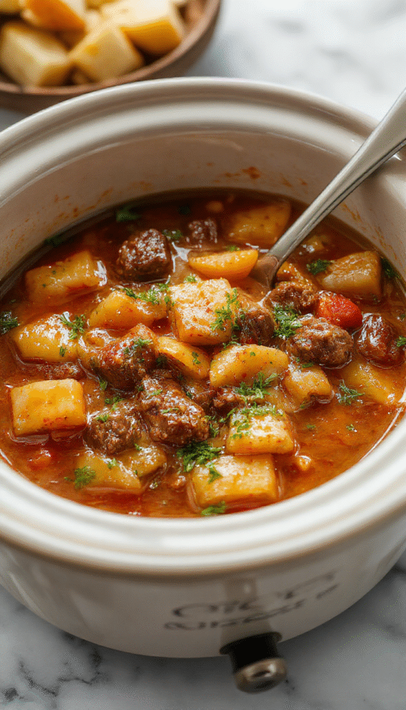 A steaming bowl of hearty beef stew with tender beef chunks, colorful carrots, potatoes, and green beans, garnished with fresh herbs. The stew is served in a rustic bowl on a wooden table, with a spoon resting on the side. The background features warm, inviting lighting that highlights the rich, thick sauce and vibrant ingredients.