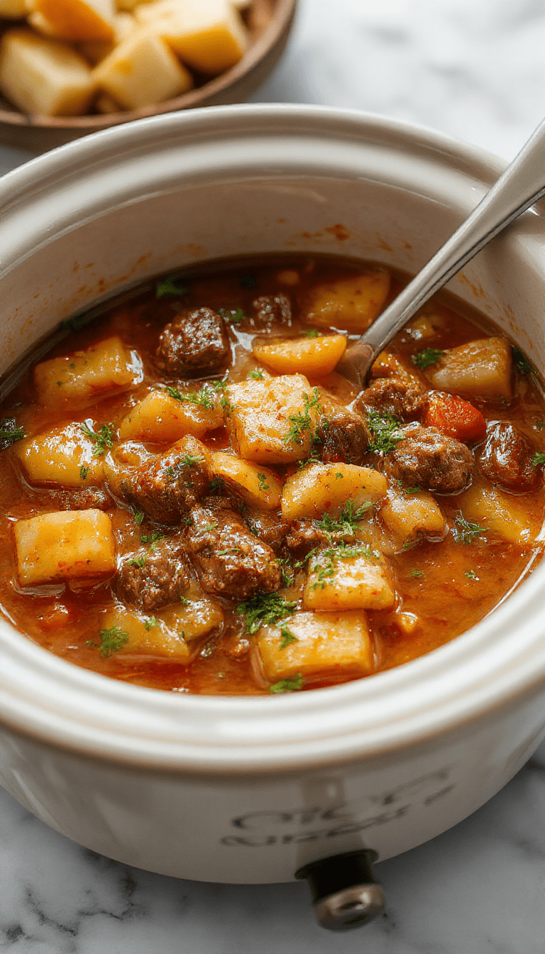 A steaming bowl of hearty beef stew with tender beef chunks, colorful carrots, potatoes, and green beans, garnished with fresh herbs. The stew is served in a rustic bowl on a wooden table, with a spoon resting on the side. The background features warm, inviting lighting that highlights the rich, thick sauce and vibrant ingredients.