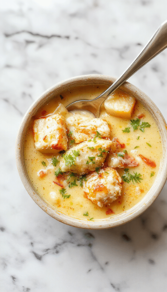 A vibrant bowl of chicken parmesan soup featuring tender shredded chicken, melted mozzarella cheese, rich tomato broth, garnished with fresh basil and grated parmesan, served alongside crispy bread slices on a rustic wooden table.
