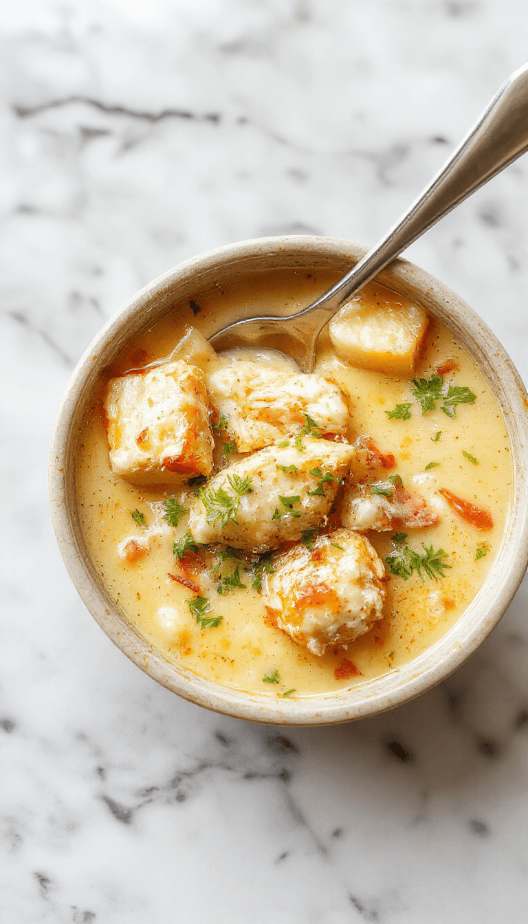 A vibrant bowl of chicken parmesan soup featuring tender shredded chicken, melted mozzarella cheese, rich tomato broth, garnished with fresh basil and grated parmesan, served alongside crispy bread slices on a rustic wooden table.