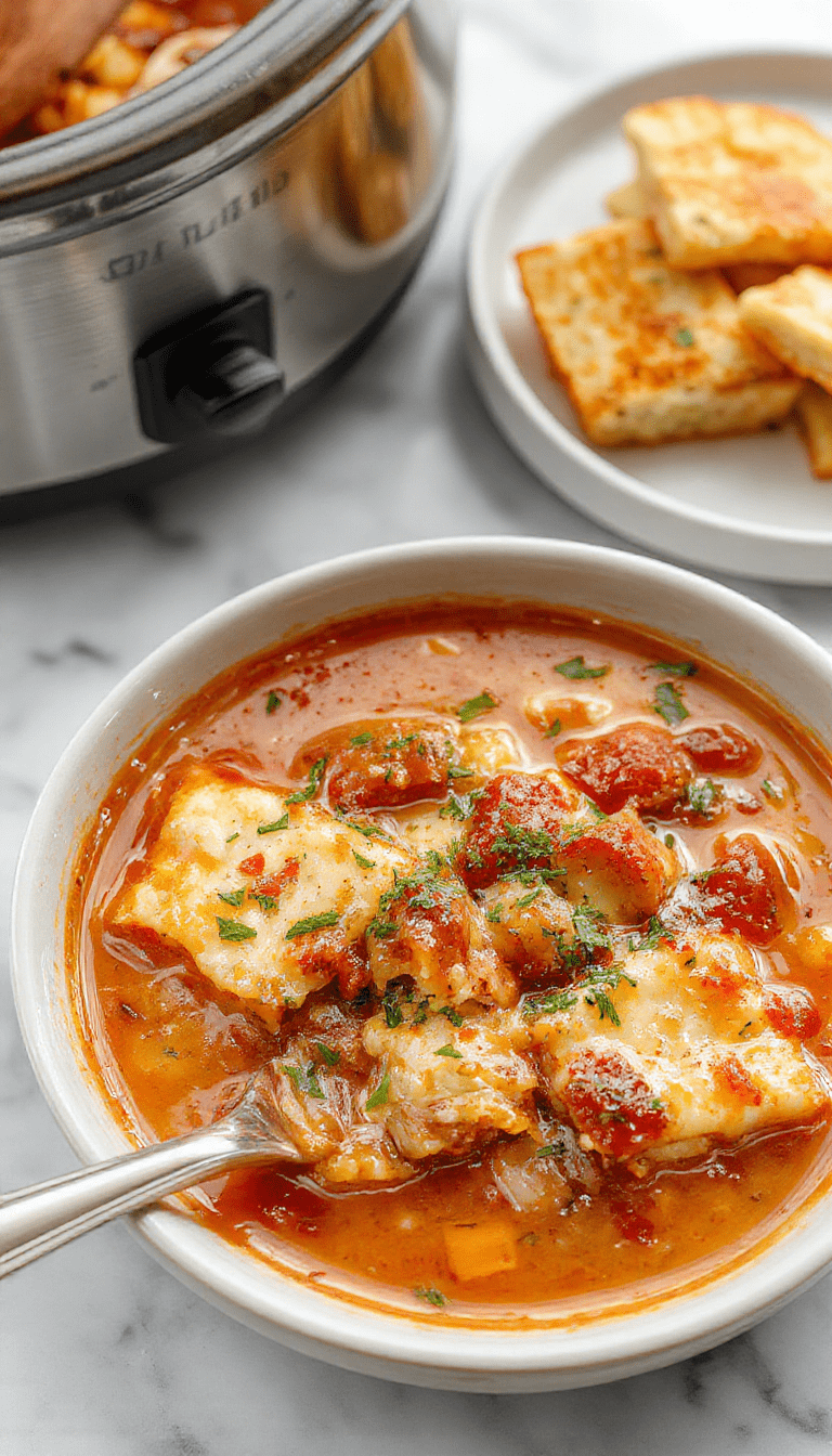 A steaming bowl of crockpot lasagna soup with layers of melted cheese, rich tomato broth, and tender pasta, garnished with fresh basil and Parmesan, styled on a rustic wooden table with a spoon and basil leaves.