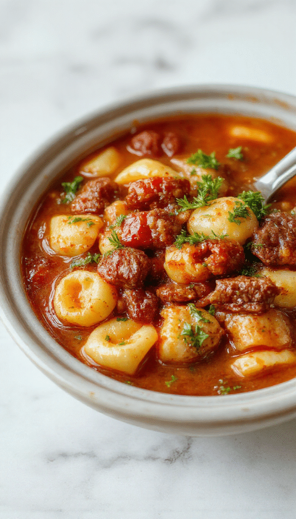A vibrant bowl of crockpot tortellini soup featuring plump tortellini pasta submerged in a savory broth with chunks of sausage, garnished with fresh basil and a sprinkle of grated cheese, set on a rustic wooden table with a spoon beside it, showcasing warm, inviting colors and textures.