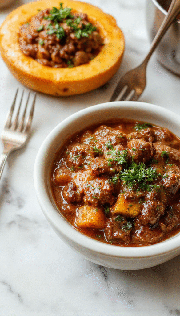 A rustic white bowl filled with a rich, thick pumpkin beef bolognese sauce garnished with fresh herbs, served over al dente pasta on a wooden table with fall-themed decor, highlighting warm orange, deep brown, and vibrant green colors with a slightly chunky texture.