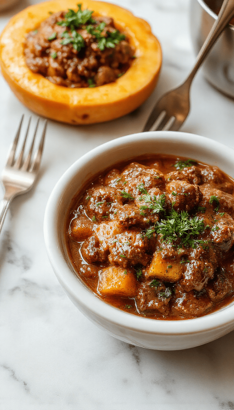 A rustic white bowl filled with a rich, thick pumpkin beef bolognese sauce garnished with fresh herbs, served over al dente pasta on a wooden table with fall-themed decor, highlighting warm orange, deep brown, and vibrant green colors with a slightly chunky texture.