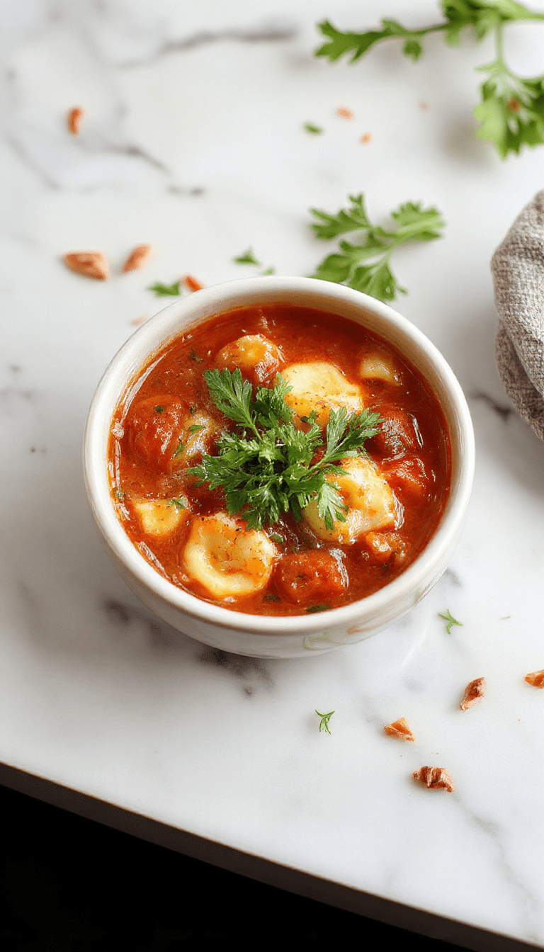 A vibrant bowl of tomato tortellini soup showcases red tomato broth filled with plump tortellini, garnished with fresh basil leaves, served on a rustic wooden table with a spoon and garnished with grated cheese. The colorful ingredients and steaming hot presentation create an inviting, comforting meal.