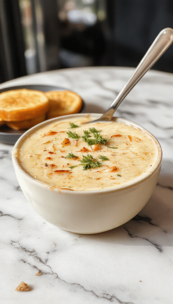 A steaming bowl of creamy cowboy soup with a vibrant orange hue, topped with crispy bacon bits, chopped green onions, and shredded cheese, served on a rustic wooden table with a spoon beside it. The soup's thick, velvety texture is visibly inviting, and fresh ingredients like diced tomatoes and celery are subtly visible around the bowl.