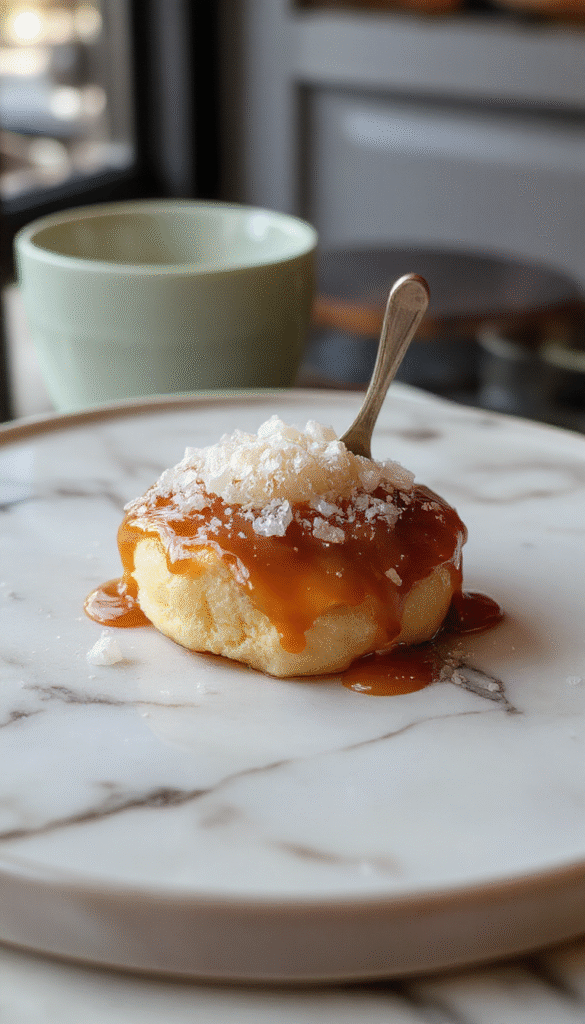 A glossy salted caramel dessert arranged elegantly on a rustic white plate, topped with a sprinkle of flaky sea salt and caramel drizzle. The dessert has a smooth, velvety surface with swirls of golden caramel, surrounded by scattered caramel bits and a dusting of powdered sugar, styled with a light background and soft lighting highlighting its luscious texture.