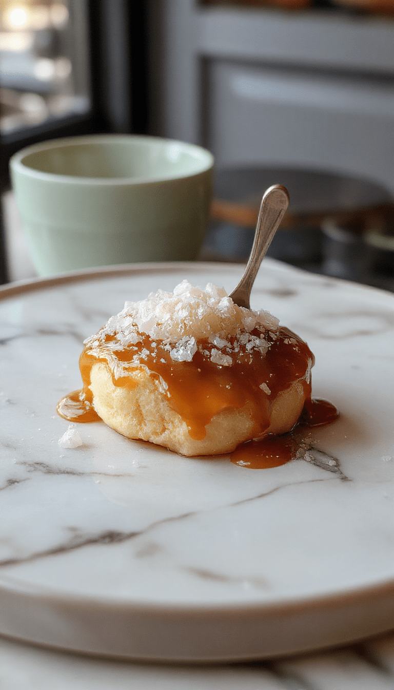 A glossy salted caramel dessert arranged elegantly on a rustic white plate, topped with a sprinkle of flaky sea salt and caramel drizzle. The dessert has a smooth, velvety surface with swirls of golden caramel, surrounded by scattered caramel bits and a dusting of powdered sugar, styled with a light background and soft lighting highlighting its luscious texture.