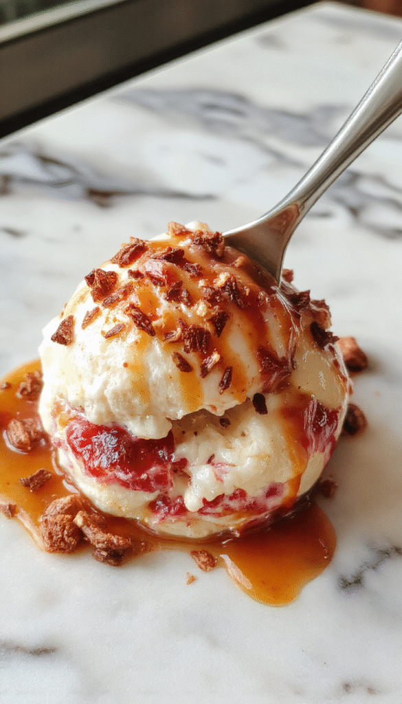 A vibrant, multi-layered scoop of heaven trifle presented in a clear glass bowl, showcasing alternating layers of fluffy cream, fresh berries, and sponge cake, topped with a sprig of mint and a drizzle of caramel sauce, all set on a rustic wooden table with soft natural lighting highlighting the textures and colors