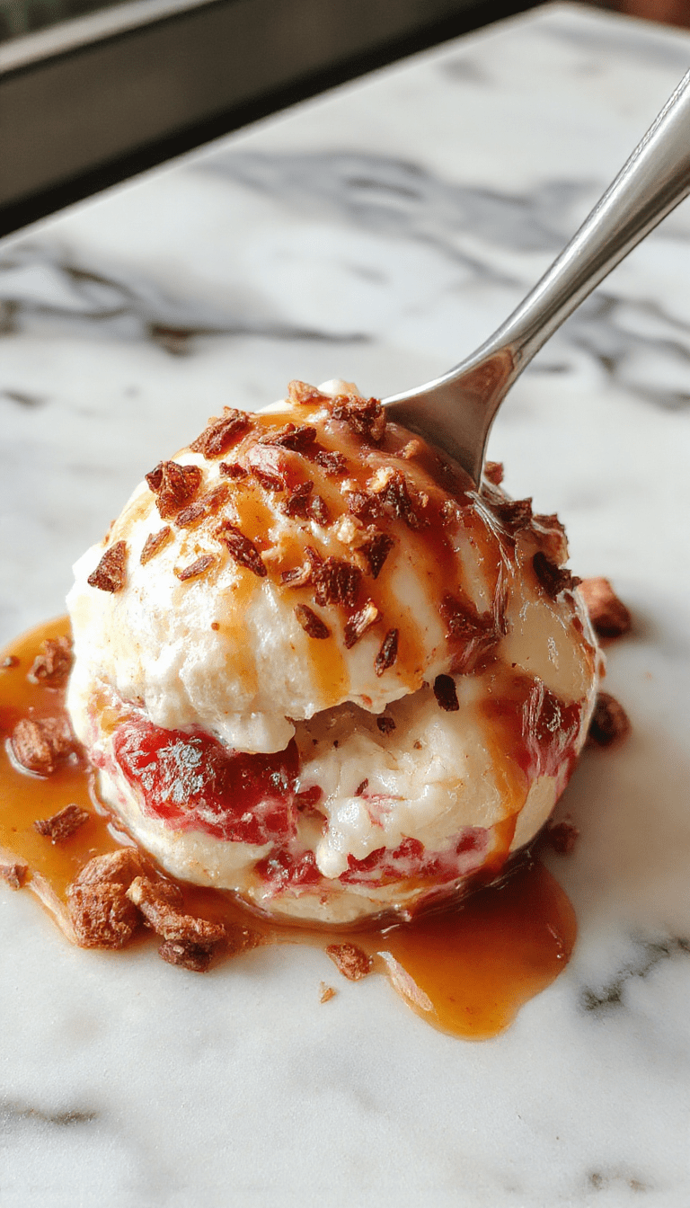 A vibrant, multi-layered scoop of heaven trifle presented in a clear glass bowl, showcasing alternating layers of fluffy cream, fresh berries, and sponge cake, topped with a sprig of mint and a drizzle of caramel sauce, all set on a rustic wooden table with soft natural lighting highlighting the textures and colors