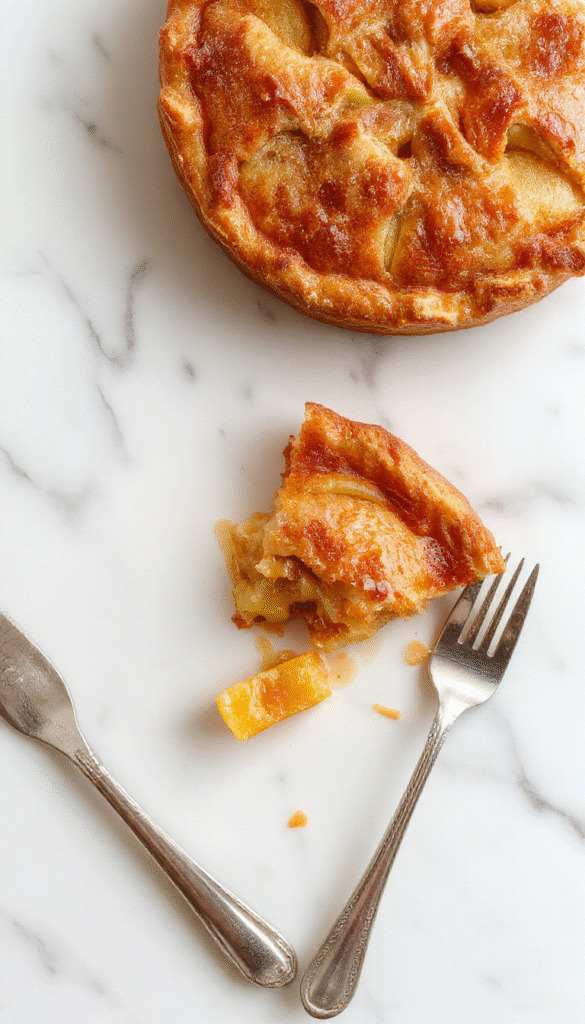 A golden-brown apple pie with a lattice crust, garnished with a dusting of powdered sugar, sitting on a rustic wooden table with fresh apple slices and cinnamon sticks nearby, vibrant warm lighting highlights the flaky texture of the crust and the tender apple filling.