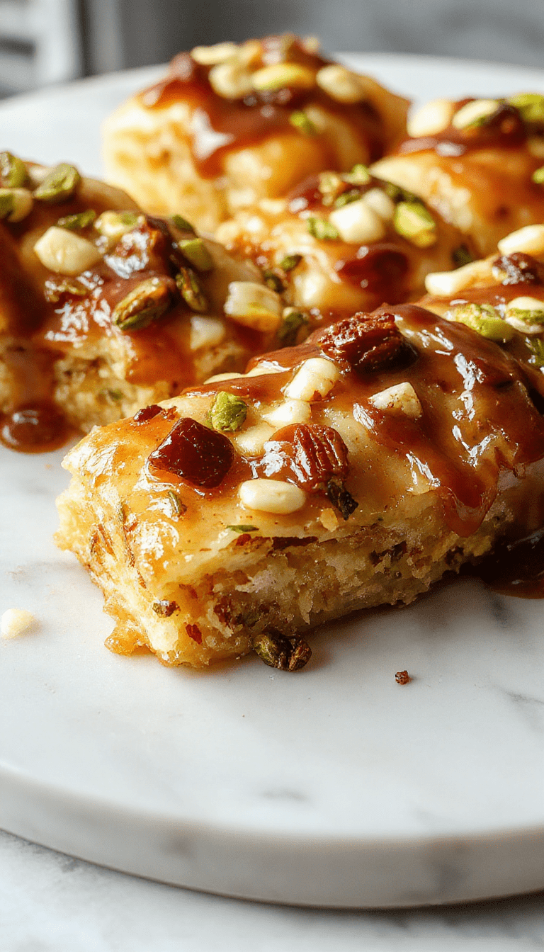 A layered honey pistachio baklava cheesecake on a white plate with a golden honey drizzle on top. The cheesecake has a crispy baklava crust with visible pistachio pieces and a honey glaze. It is garnished with chopped pistachios and drizzled honey, showcasing its rich textures and vibrant colors, evoking a decadent and luxurious dessert presentation.