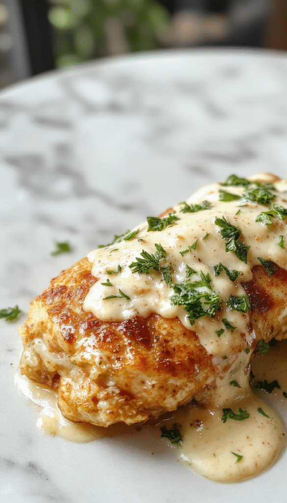 A beautifully plated dish of Irish chicken in a rich whiskey cream sauce, garnished with fresh herbs, served on a rustic wooden table with a glass of whiskey nearby, showcasing a glossy, creamy sauce and tender chicken pieces with a golden-brown sear