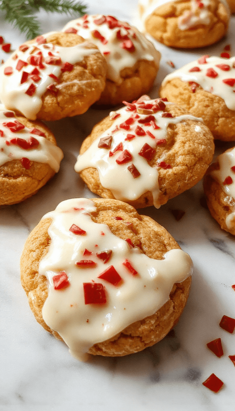 Colorful plate of chewy maple cookies dipped in smooth white chocolate, garnished with festive sprinkles and a dusting of powdered sugar, styled on a rustic wooden table with holiday decorations.