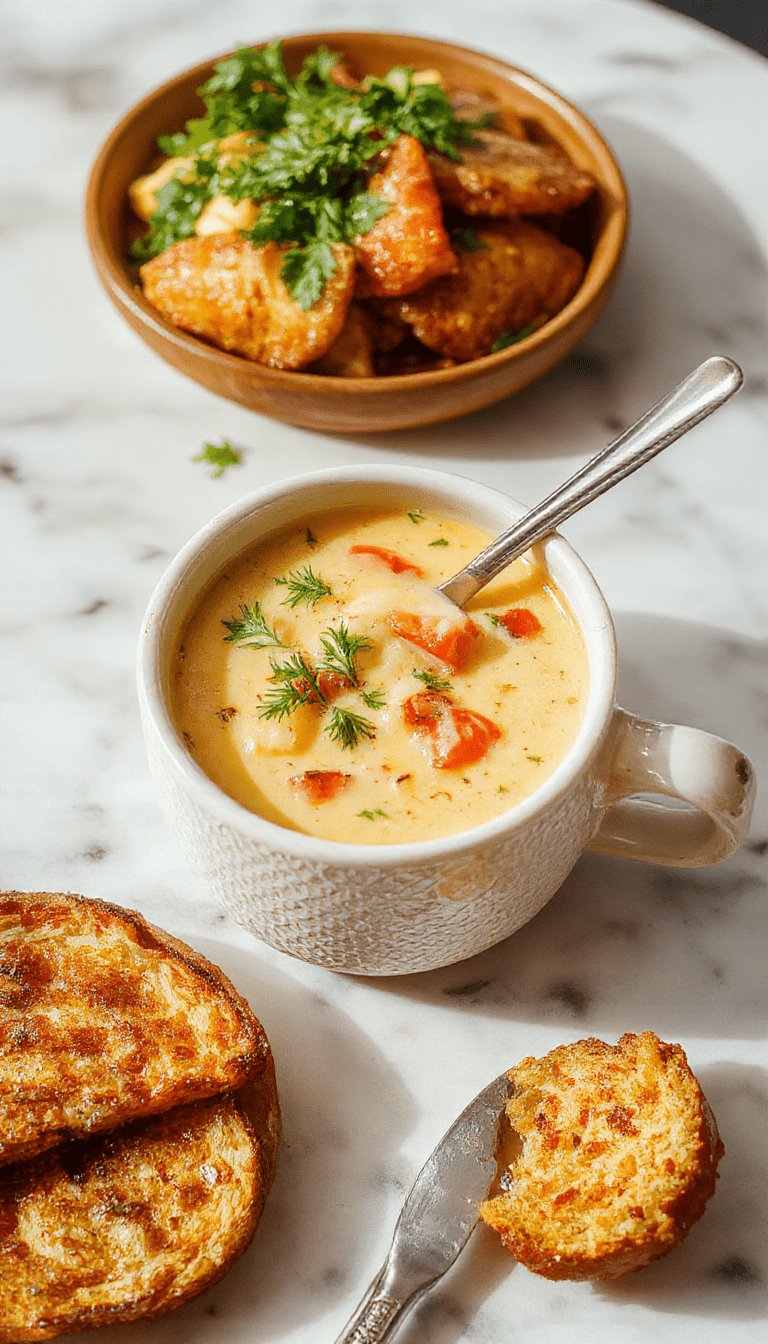 A steaming bowl of Italian Penicillin Soup with a golden-brown crust of toasted bread, topped with fresh herbs and melted cheese, set on a rustic wooden table with vibrant ingredients around.