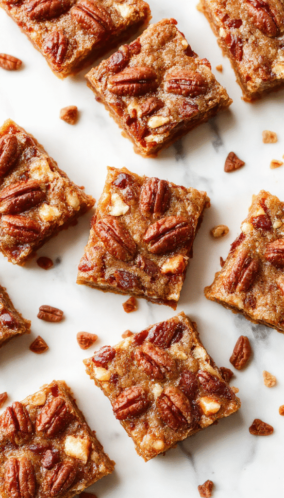 Colorful display of golden-brown pecan pie bars arranged on a rustic wooden platter, close-up showing the crunchy pecan topping and caramel filling, garnished with powdered sugar and sprinkled with chopped pecans, sunlight highlighting the textured crust and glossy caramel glaze, styled casually for an inviting dessert presentation.