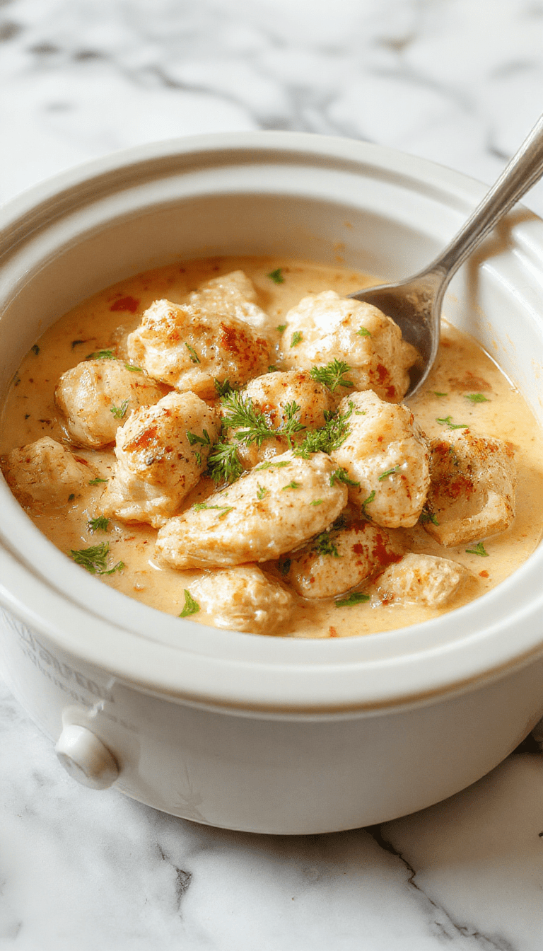 A close-up of a creamy chicken dish served in a rustic white bowl, garnished with fresh parsley, with a rich, smooth sauce, and tender chicken pieces on top, set against a wooden table background with herbs and a spoon.
