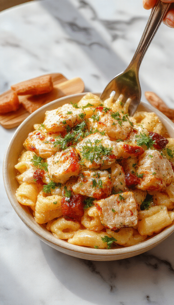 Colorful Mediterranean chicken pasta salad served in a white bowl, featuring tender grilled chicken, vibrant cherry tomatoes, cucumber slices, kalamata olives, crumbled feta cheese, and freshly chopped herbs, all tossed in a light vinaigrette, with a backdrop of fresh ingredients and rustic table setting.