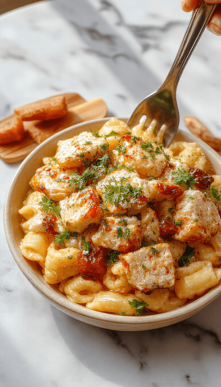 Colorful Mediterranean chicken pasta salad served in a white bowl, featuring tender grilled chicken, vibrant cherry tomatoes, cucumber slices, kalamata olives, crumbled feta cheese, and freshly chopped herbs, all tossed in a light vinaigrette, with a backdrop of fresh ingredients and rustic table setting.