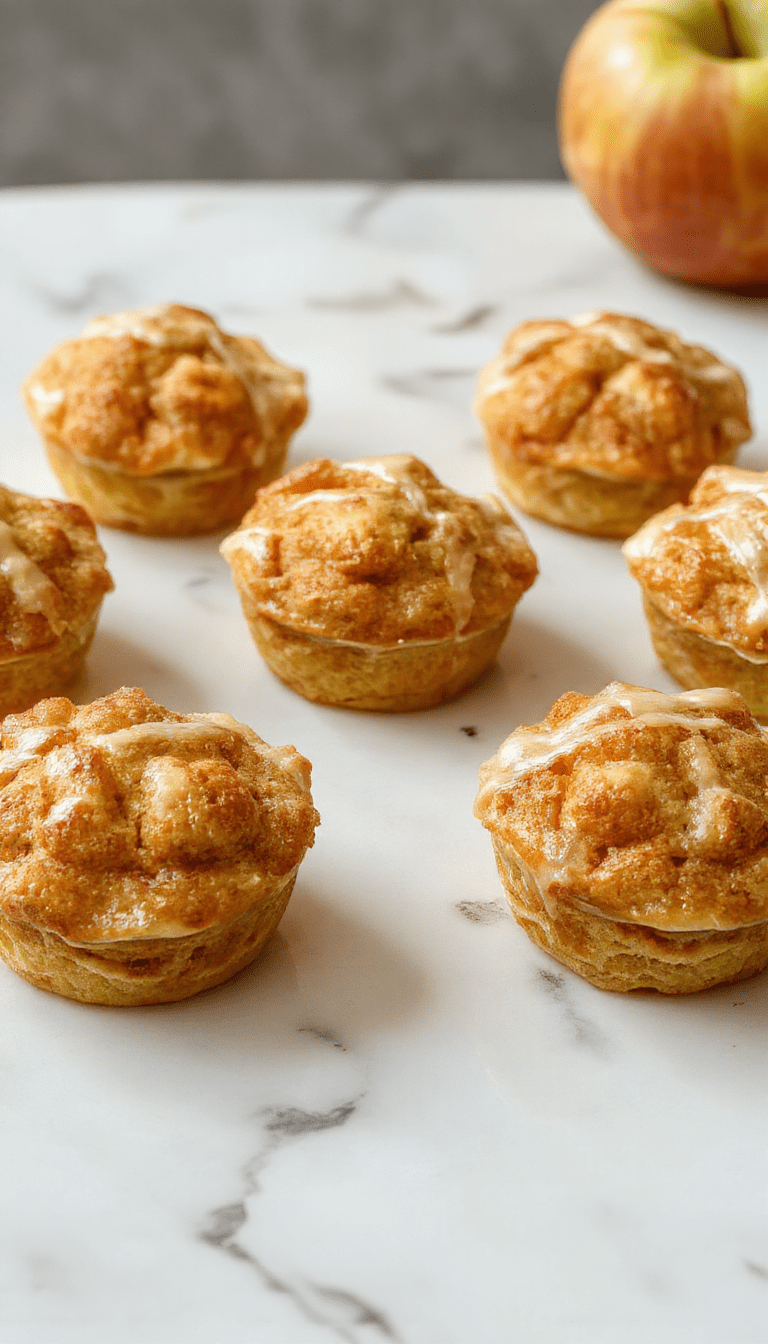 Colorful mini apple pies baked in muffin tins with golden crust, topped with a dusting of cinnamon sugar, served on a rustic baking tray with a sprinkle of powdered sugar, surrounded by fresh apple slices and cinnamon sticks, showcasing flaky textures and juicy apple filling.