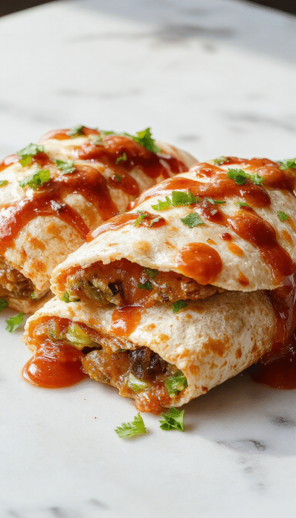 Colorful mini quesadillas filled with melted cheese, seasoned beef, and crispy smashed burger patties, plated on a rustic wooden surface with garnishes, showcasing golden brown edges and gooey cheese textures.