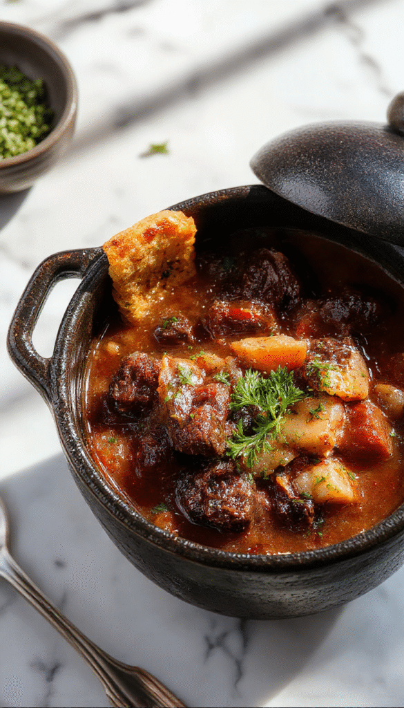 A steaming black cauldron filled with rich, savory beef stew surrounded by fresh herbs and vegetables, with a dark, mystical background and glowing candlelight for a magical, eerie atmosphere.