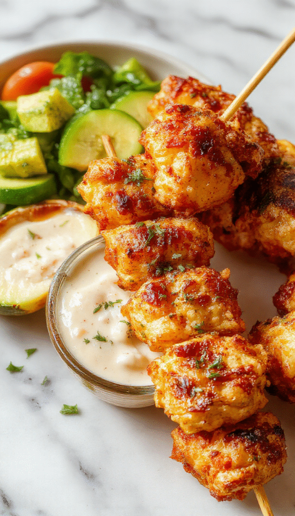 Colorful plate of grilled chicken skewers arranged neatly with vibrant red and green bell peppers and onions, garnished with fresh herbs, served on a rustic wooden platter, with a side of creamy veggie dip, highlighting the juicy cooked chicken with smoky char marks and crisp vegetables.