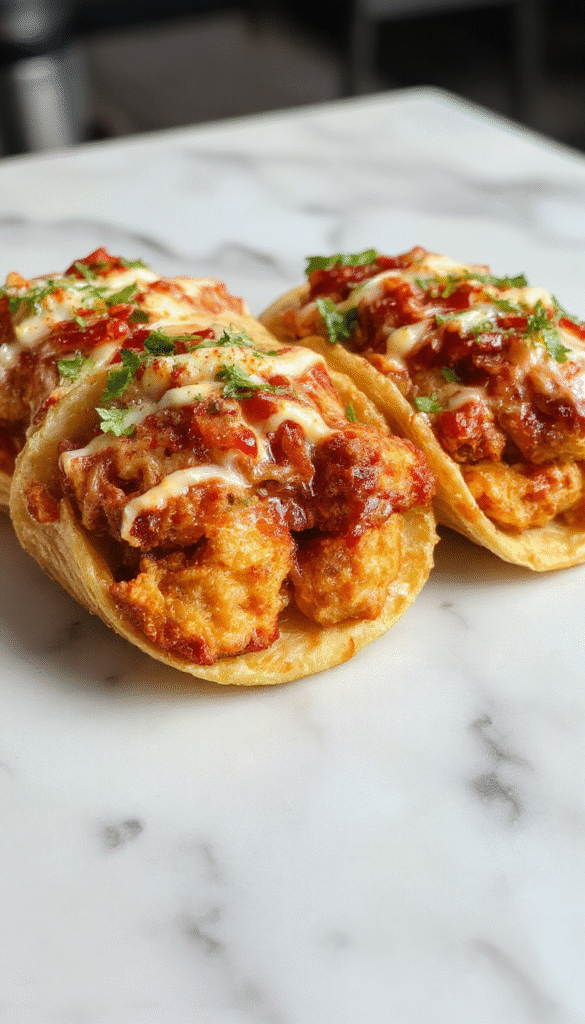 Colorful mini baked chicken tacos on a rustic wooden plate, topped with fresh chopped cilantro, shredded cheese, and sliced jalapenos. The tacos have a golden-brown crispy shell with tender shredded chicken inside, garnished with lime wedges and a sprinkle of paprika, styled with vibrant sauce drizzles and fresh herbs.