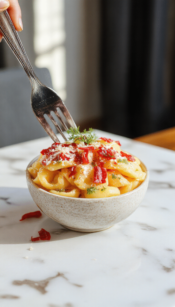 A vibrant plate of Marry Me Tortellini featuring golden-brown tortellini topped with fresh basil, drizzled with creamy sauce, garnished with grated cheese, on a rustic wooden table with a backdrop of garlic and cherry tomatoes, inviting and colorful.